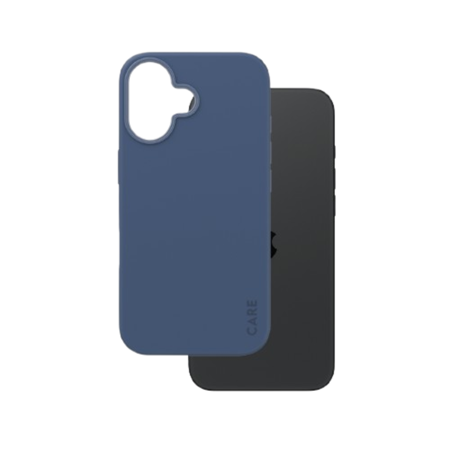 Twee telefoonhoesjes, een blauwe en een zwarte. De blauwe hoes heeft een uitsparing en het woord 'CARE'.