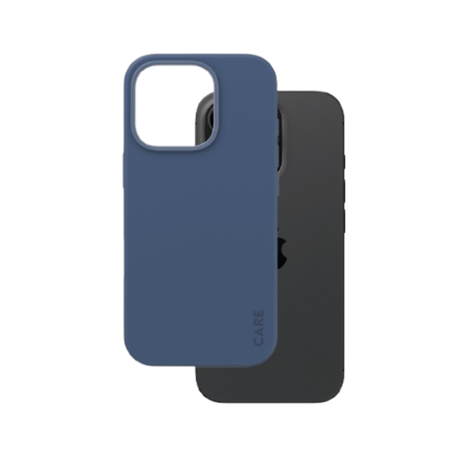 Twee telefoonhoesjes. Eén marineblauw, één zwart. Beide zeggen 'CARE' onderaan.