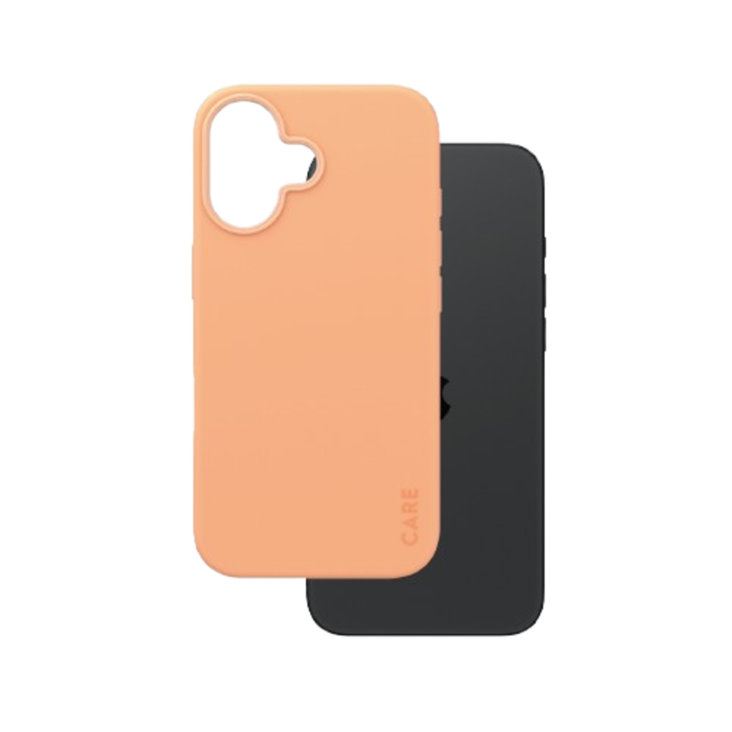 Peach phone case and black phone. The word 'CARE' is printed on the case.
