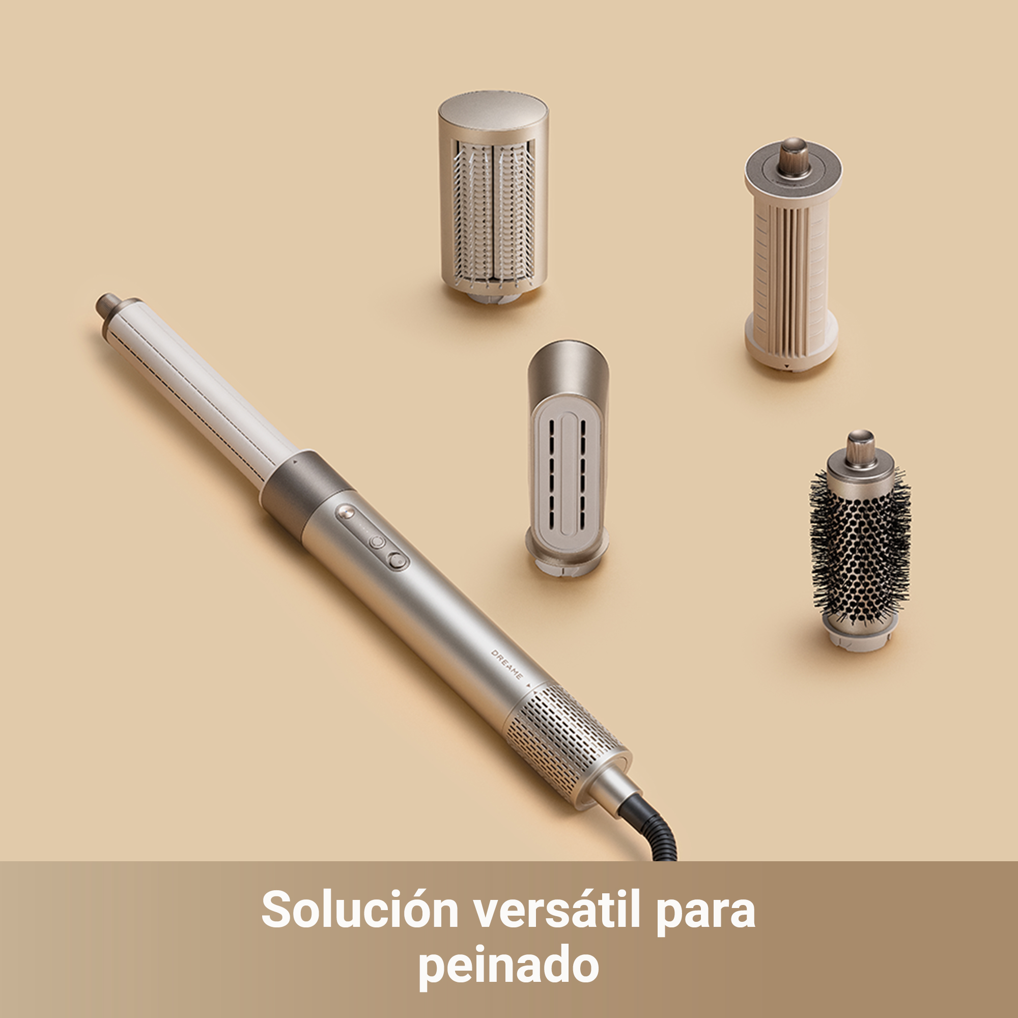 Herramienta de peinado con diferentes accesorios sobre fondo beige. Texto: Solución versátil para el peinado.