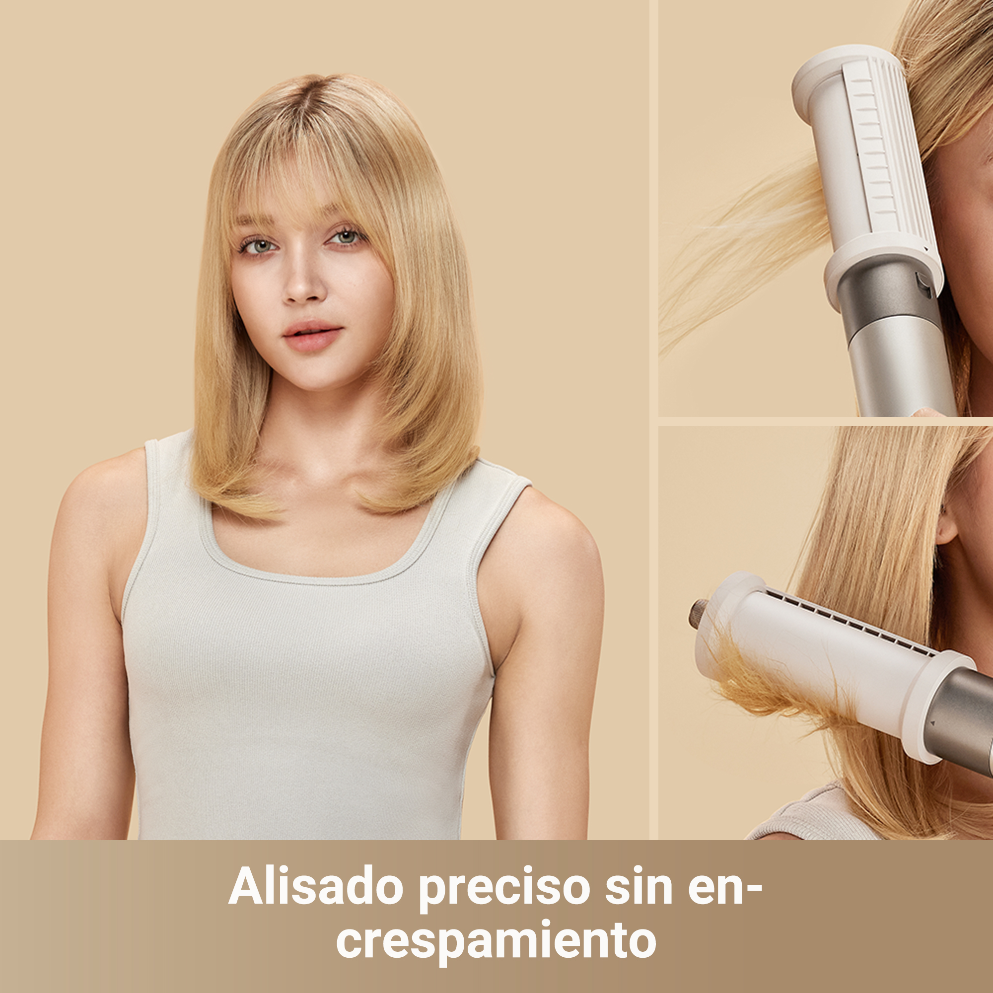 Una mujer con cabello rubio demuestra técnicas de peinado con una herramienta capilar.