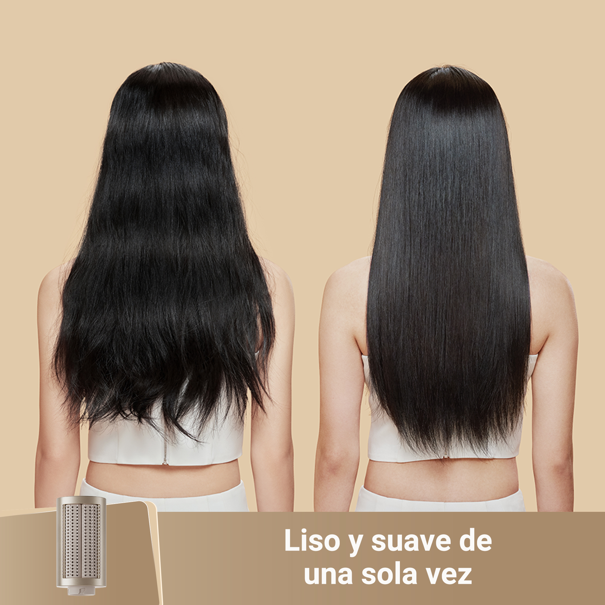 Antes y después de cabello negro, liso y sedoso después de ser peinado.