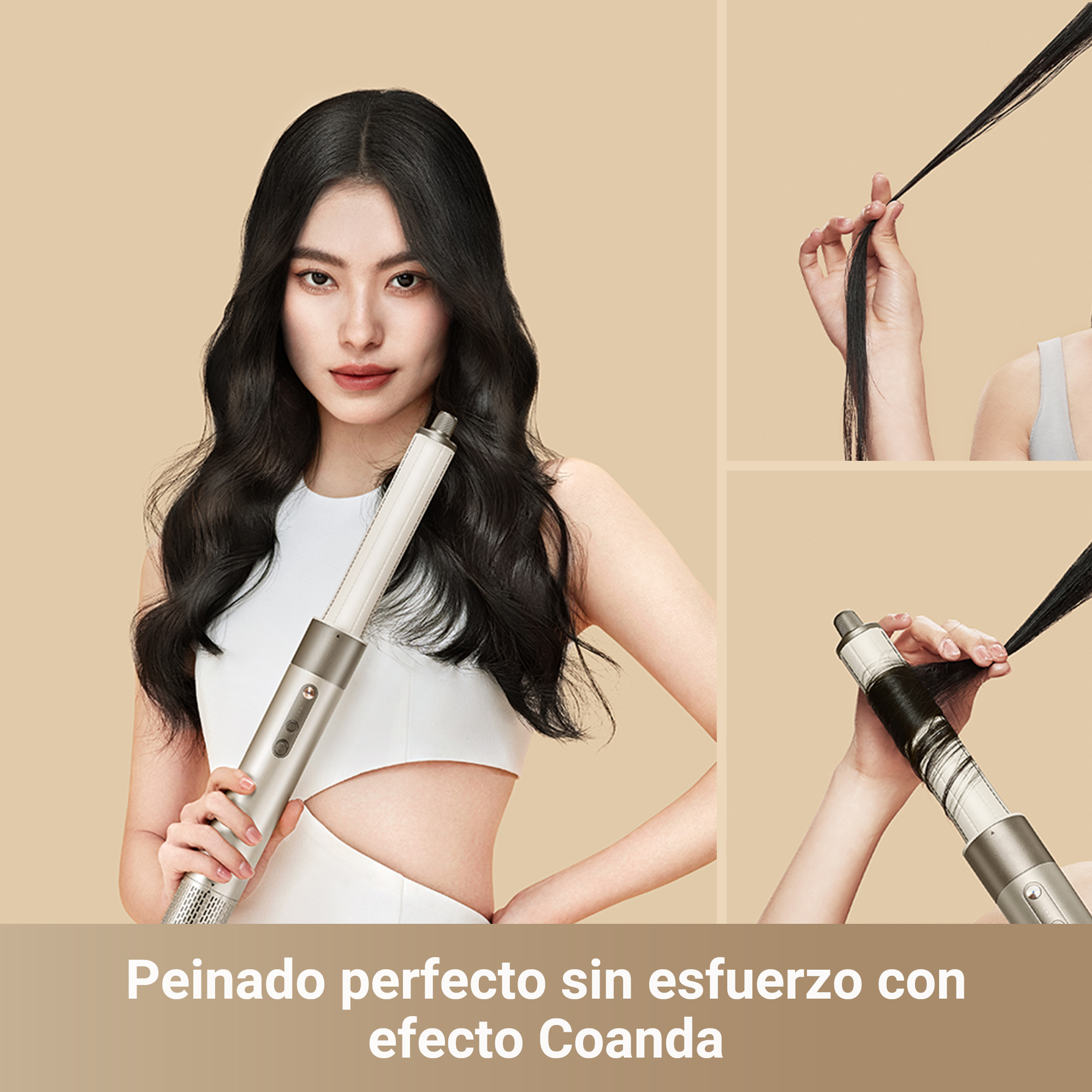 Mujer con cabello negro peinándolo con un rizador blanco y plateado. Primeros planos adicionales.