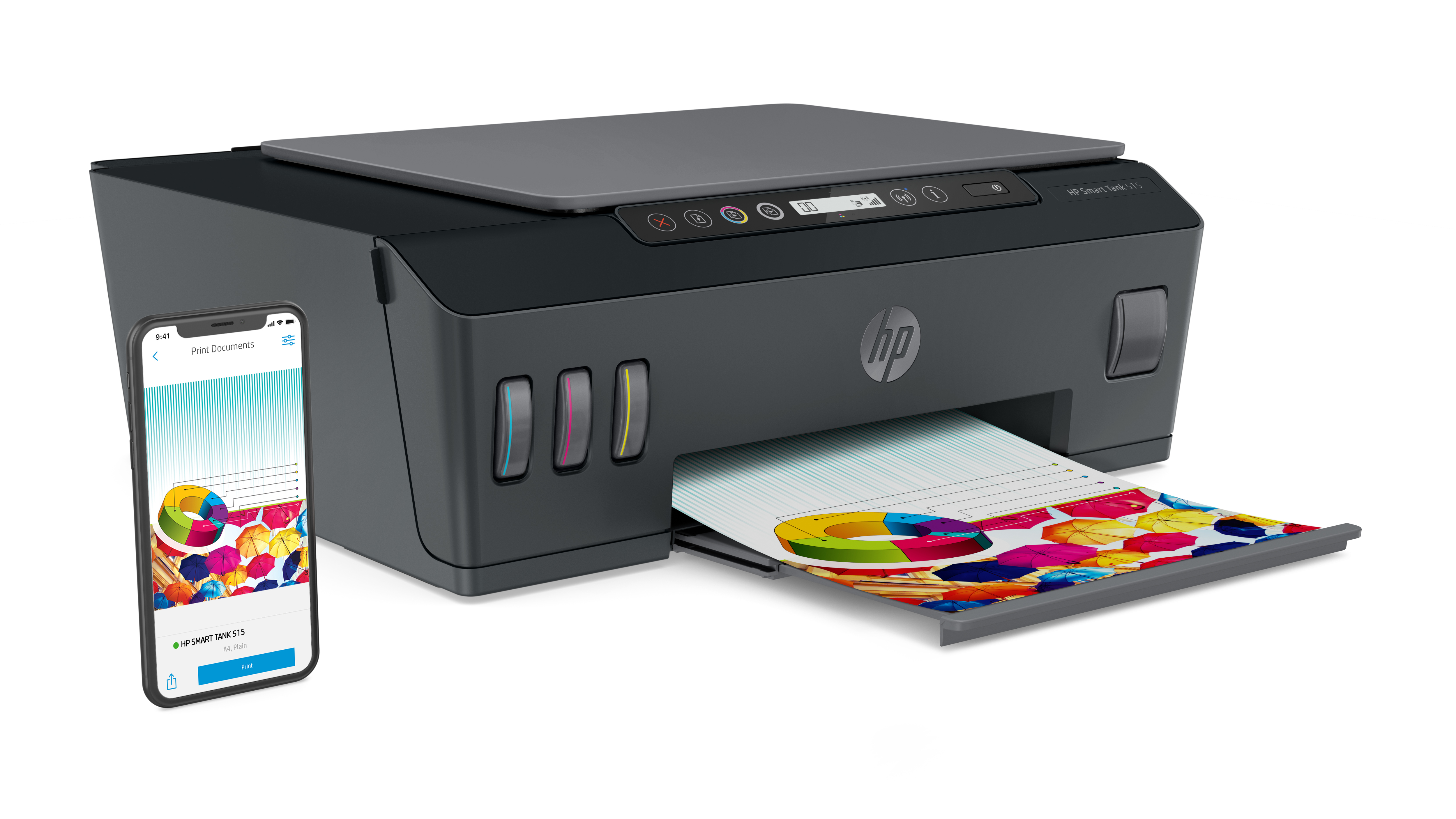 Renkli bir baskı düzeni gösteren bir telefonla HP Smart Tank 515 yazıcı.