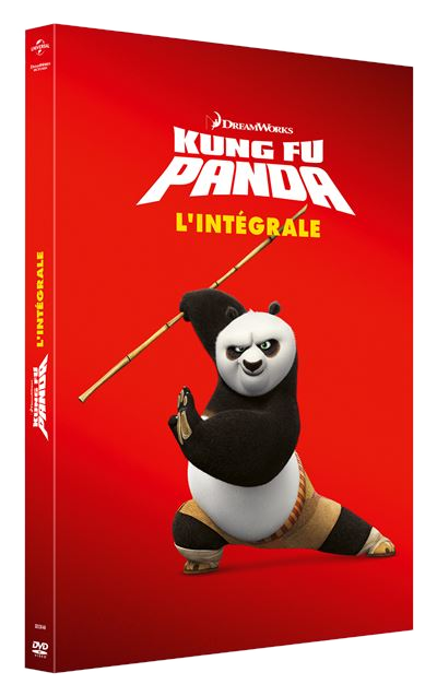 DVD-hoes voor Kung Fu Panda, met Po, de panda, op een rode achtergrond.