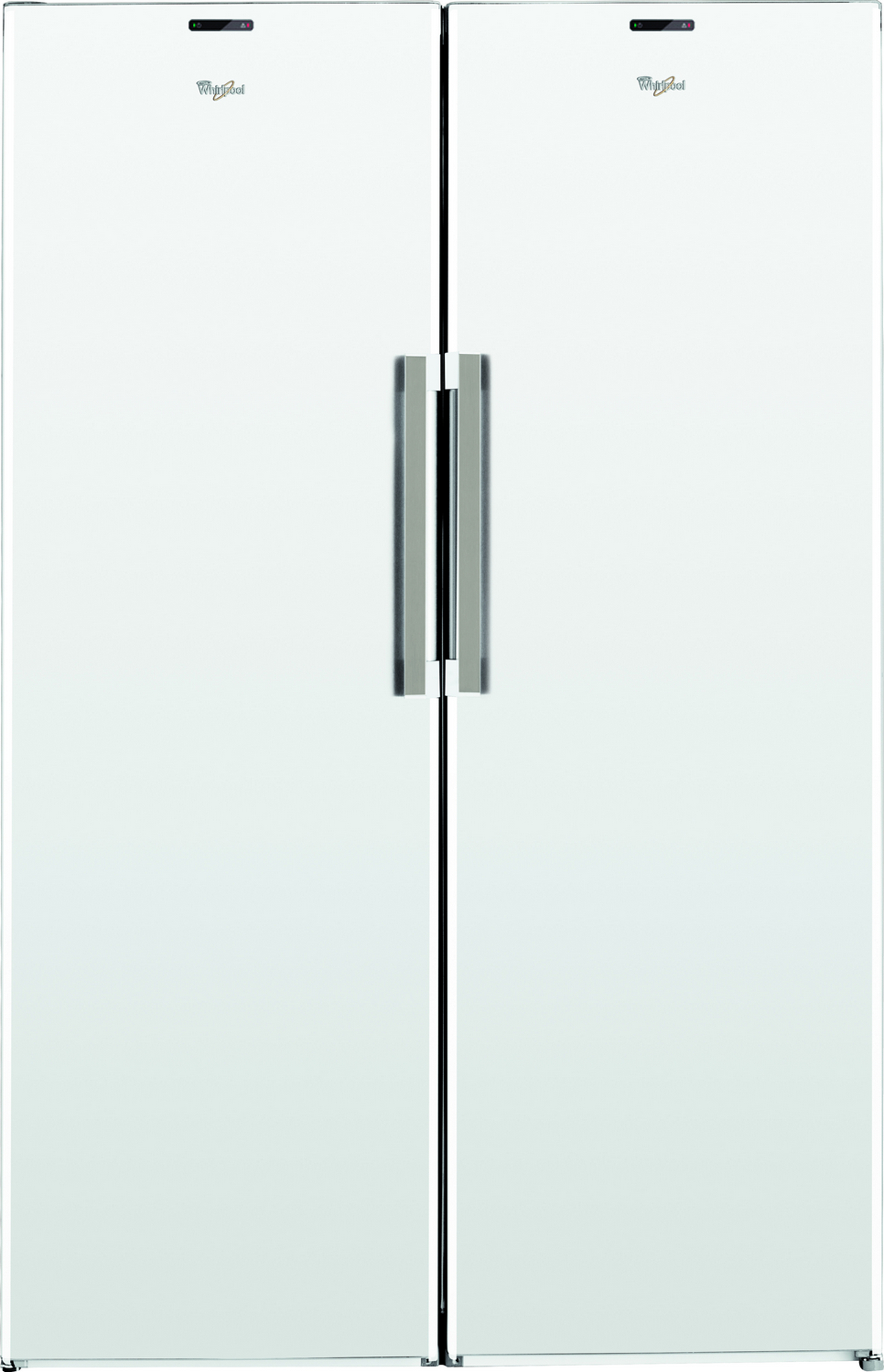 Refrigerador blanco de lado a lado con dos puertas y manijas verticales plateadas. Logotipo de Whirlpool.