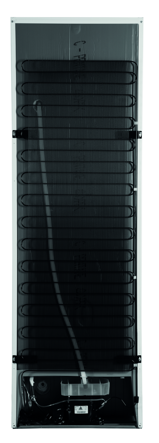 Parte trasera de un frigorífico con serpentines de refrigeración, un tubo de agua y una base negra.