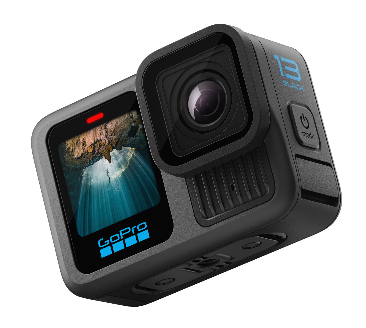 Czarna kamera GoPro 13 z ekranem krajobrazu, trzymana w brązowych rękawicach.