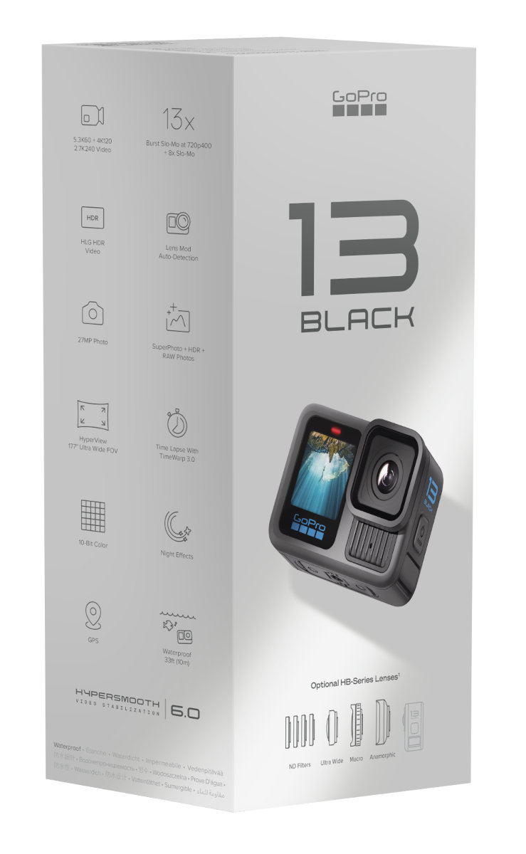 Kamera GoPro 13 Black w białym pudełku ze szczegółami i zdjęciami produktu.