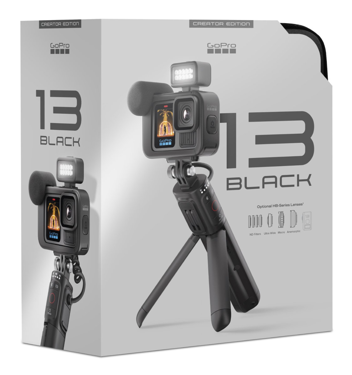 Pudełko GoPro Creator Edition z dołączoną kamerą, mikrofonem, statywem i światłem.