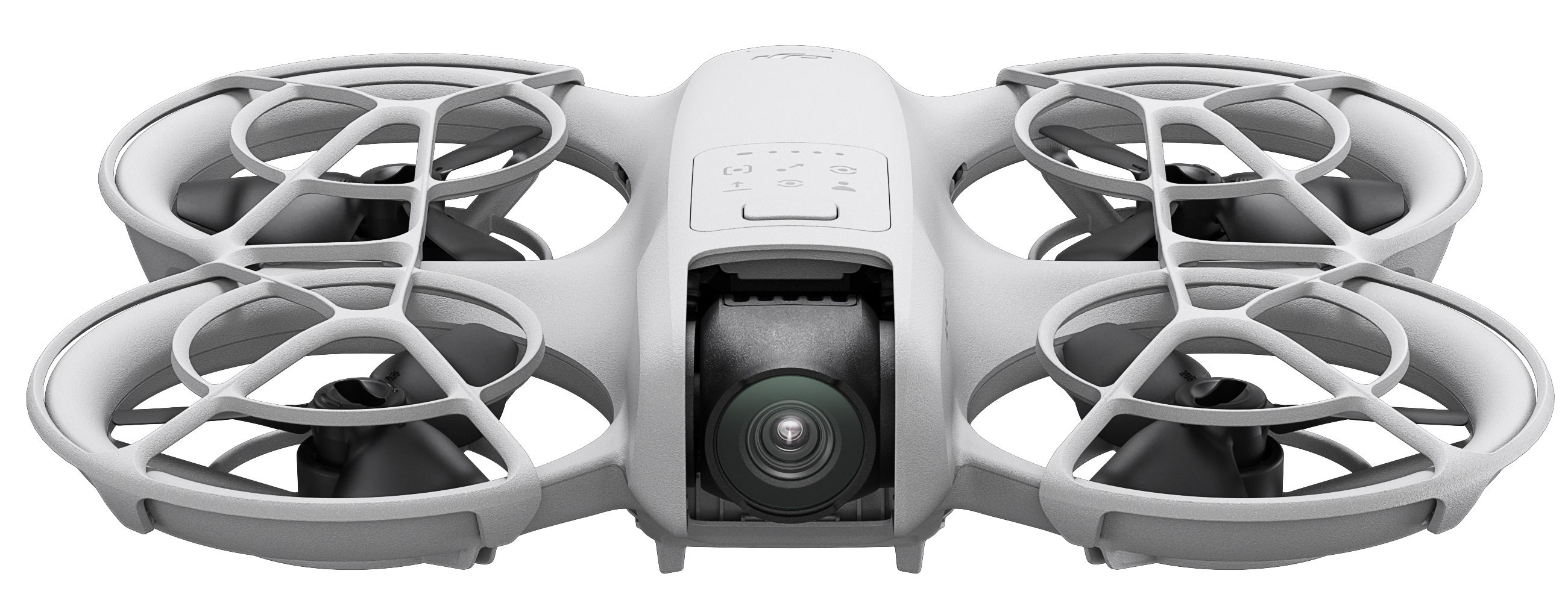 Biały dron z czterema śmigłami i kamerą jest odizolowany.