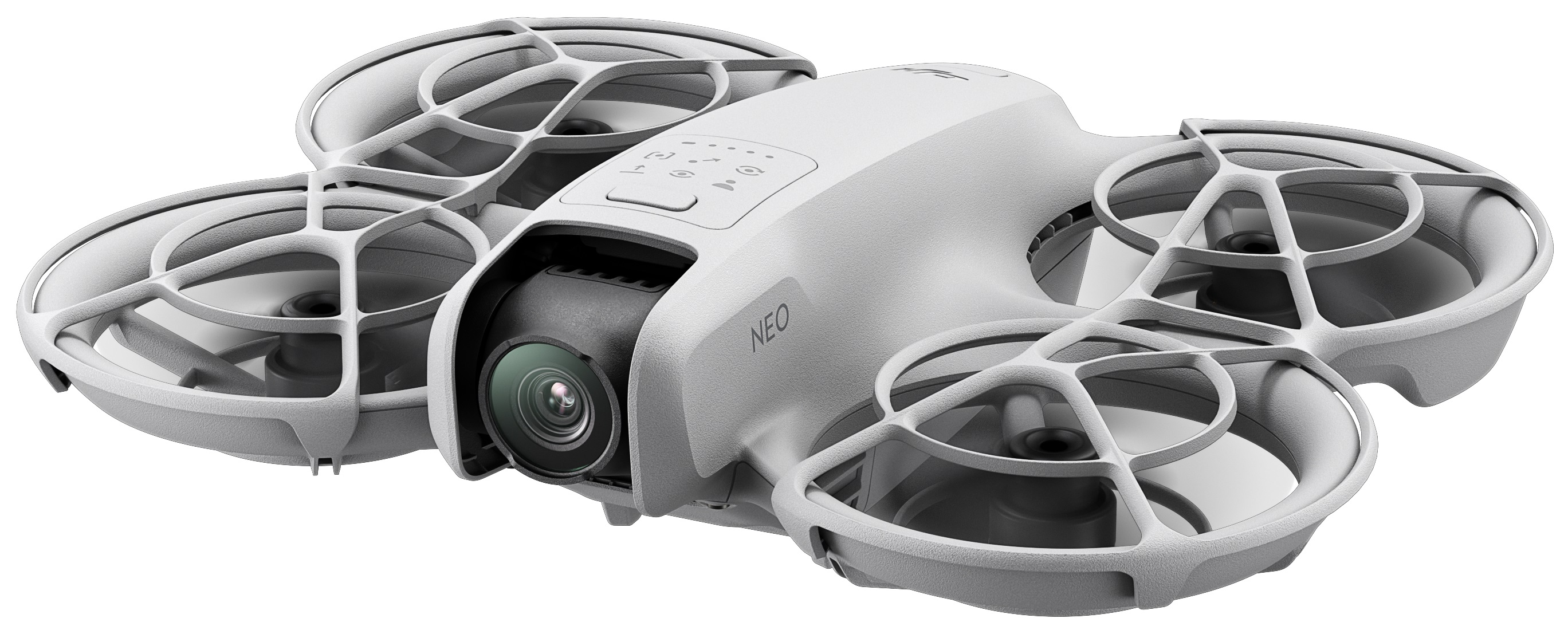 Biały dron z czterema wirnikami i kamerą jest pokazany w zbliżeniu.