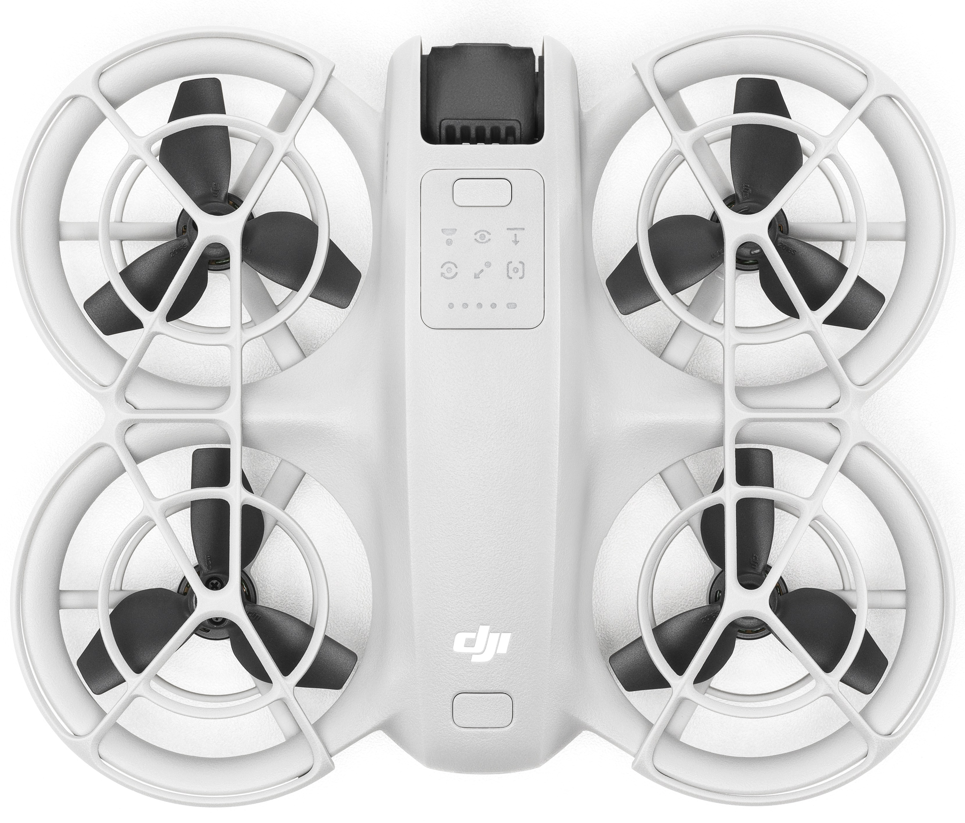 Widok z góry na białego drona z czarnymi śmigłami i osłonami ochronnymi.