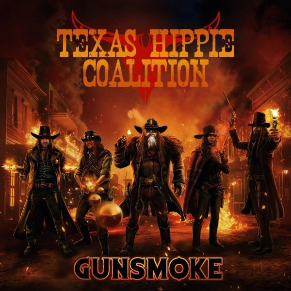 Albumcover mit Cowboys in einer feurigen Umgebung, der Bandname Texas Hippie Coalition.