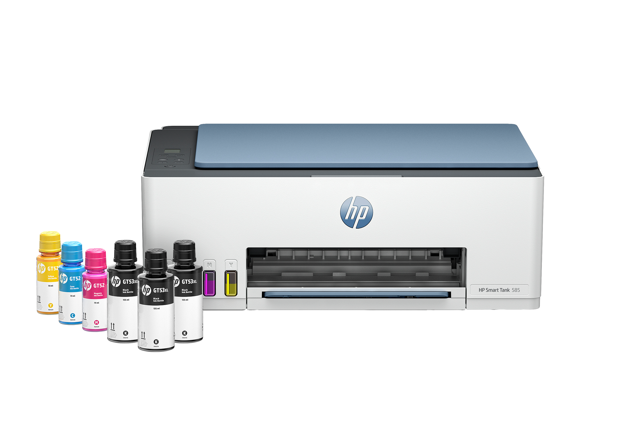 Önünde mürekkep şişeleri olan HP Smart Tank 505 yazıcı, siyah bir arka plan üzerinde.