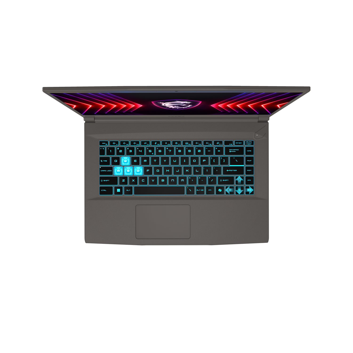 Teclado de portátil con teclas retroiluminadas, mostrando el portátil abierto en superficie negra.