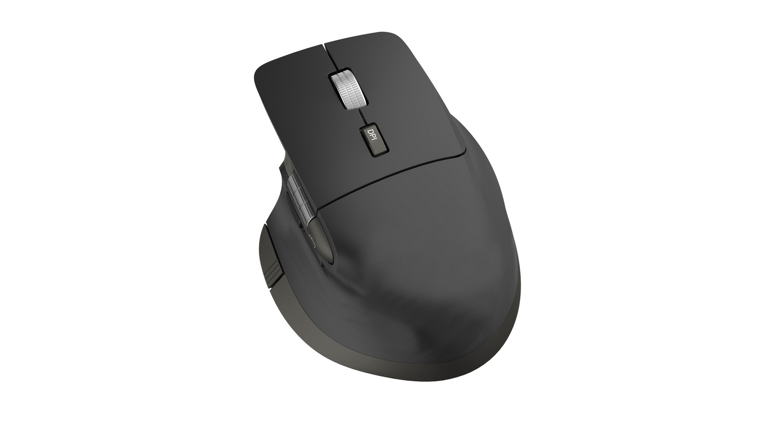 Un ratón ergonómico negro con rueda de desplazamiento, botón DPI y fondo blanco.
