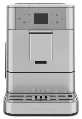Silberne Kaffeemaschine mit Digitalanzeige und Knöpfen.