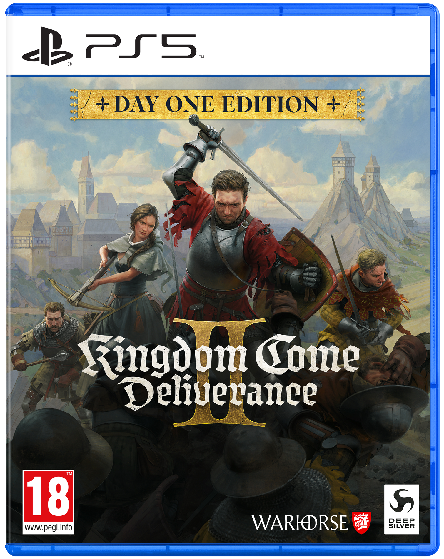 Boîte de jeu avec un chevalier en armure, épée levée. Autres guerriers en arrière-plan. Texte Day One Edition.