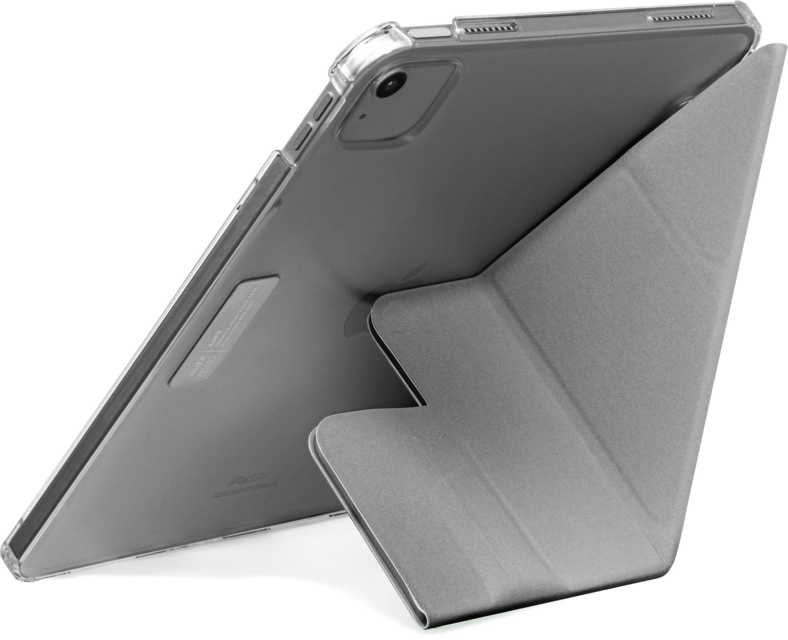 Ein graues iPad mit einer transparenten Hülle wird von einer grauen Klapphülle aufgestellt.