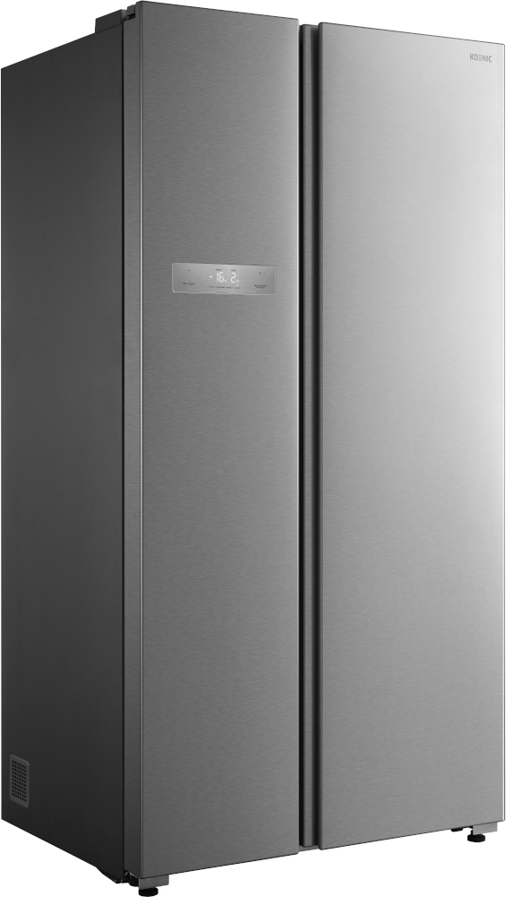 Réfrigérateur côte à côte en acier inoxydable. Possède un panneau de commande sur une porte.