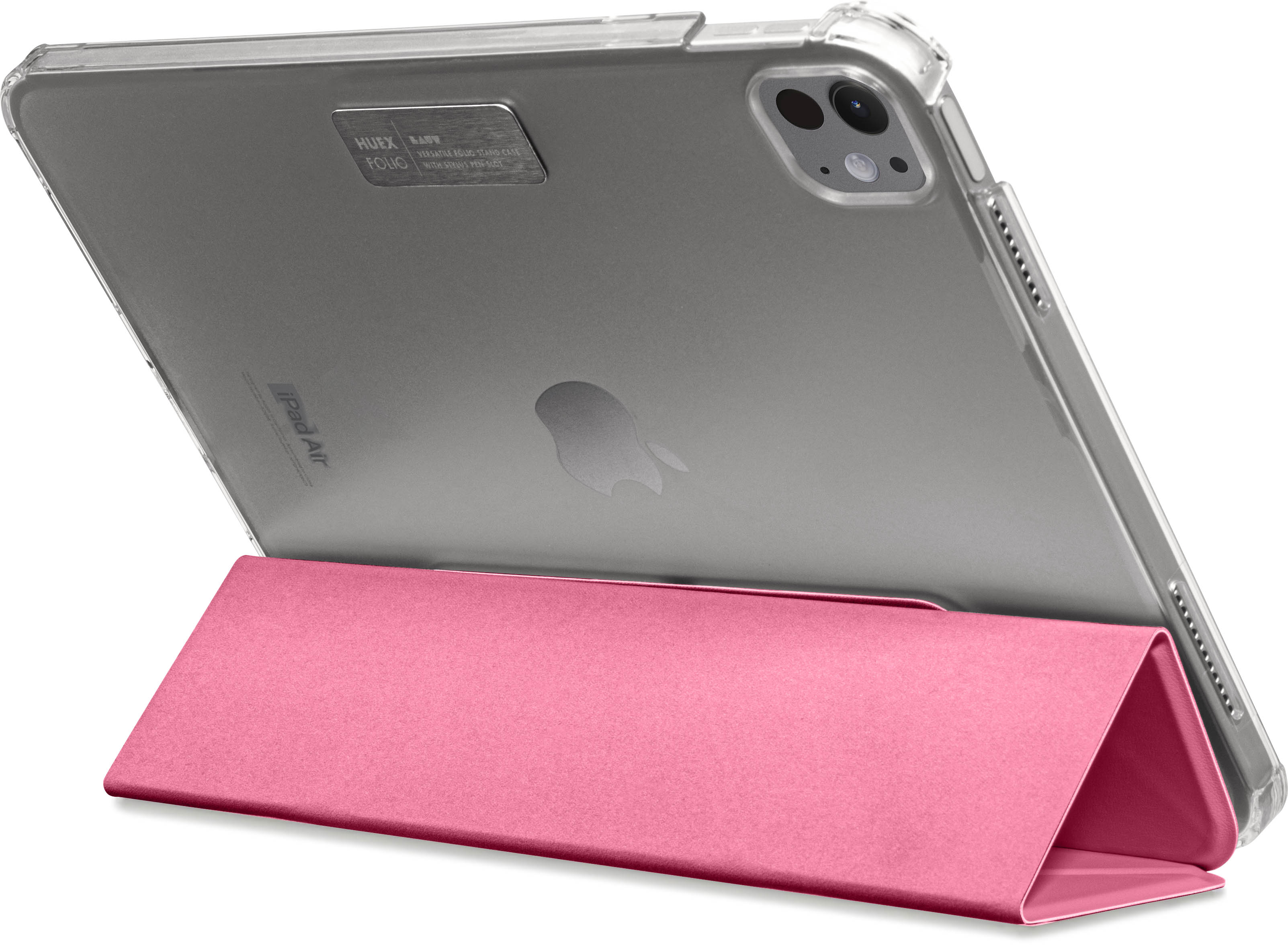 Rosa iPad Air Hülle mit durchsichtigem Rücken und Ständer.