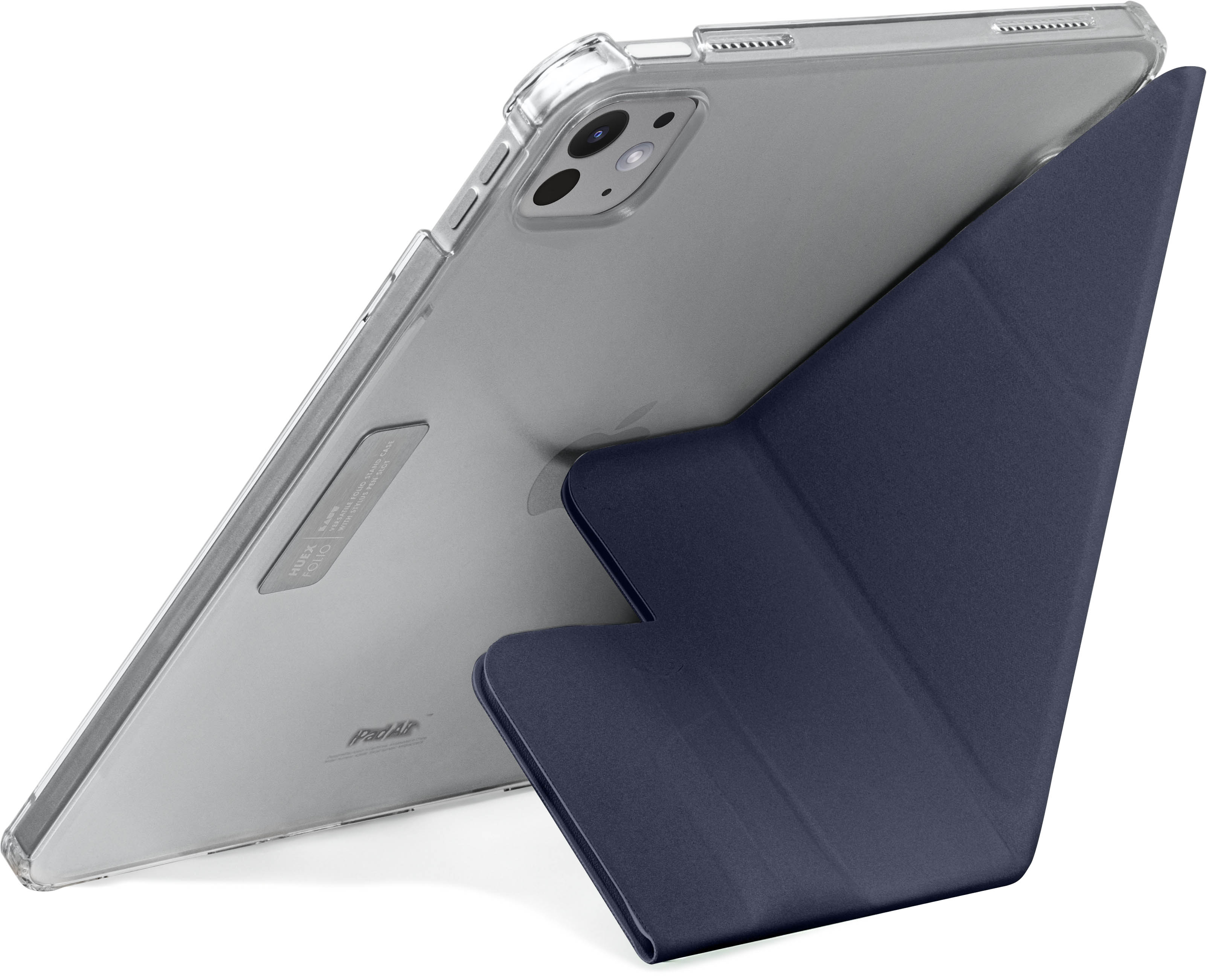iPad in custodia con supporto. Copertura blu. Retro custodia trasparente.