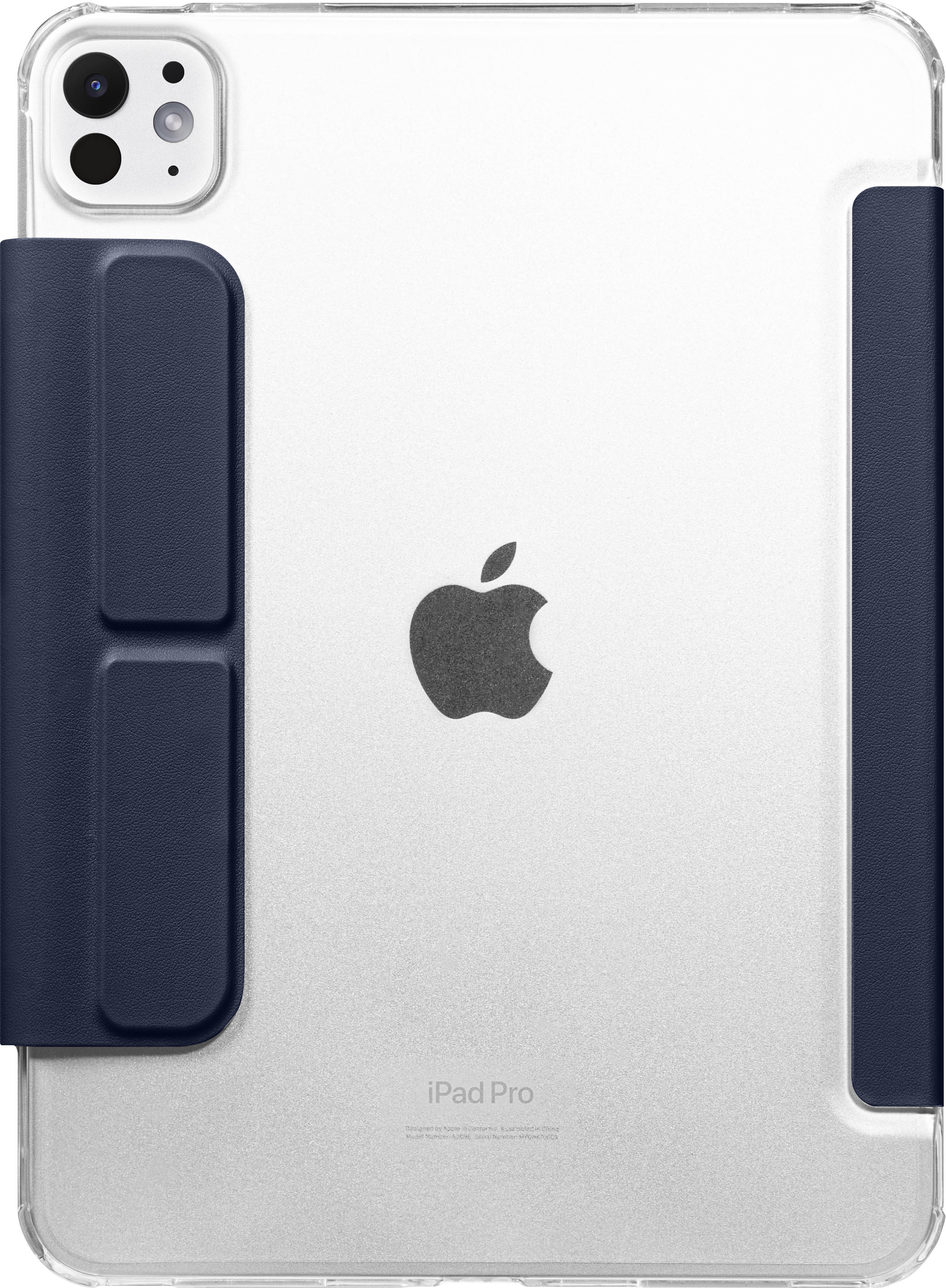 iPad Pro in una custodia trasparente con una cover blu scuro ripiegata sullo schermo.