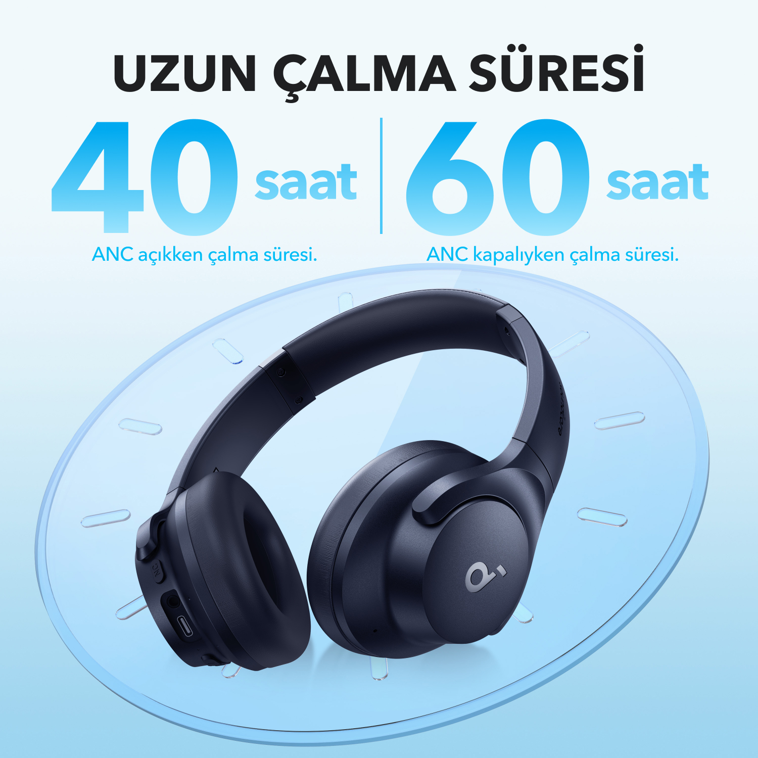 Mavi arka plan üzerinde siyah kulaklık. Metin, 40 ve 60 saatlik oynatma süresini gösterir.
