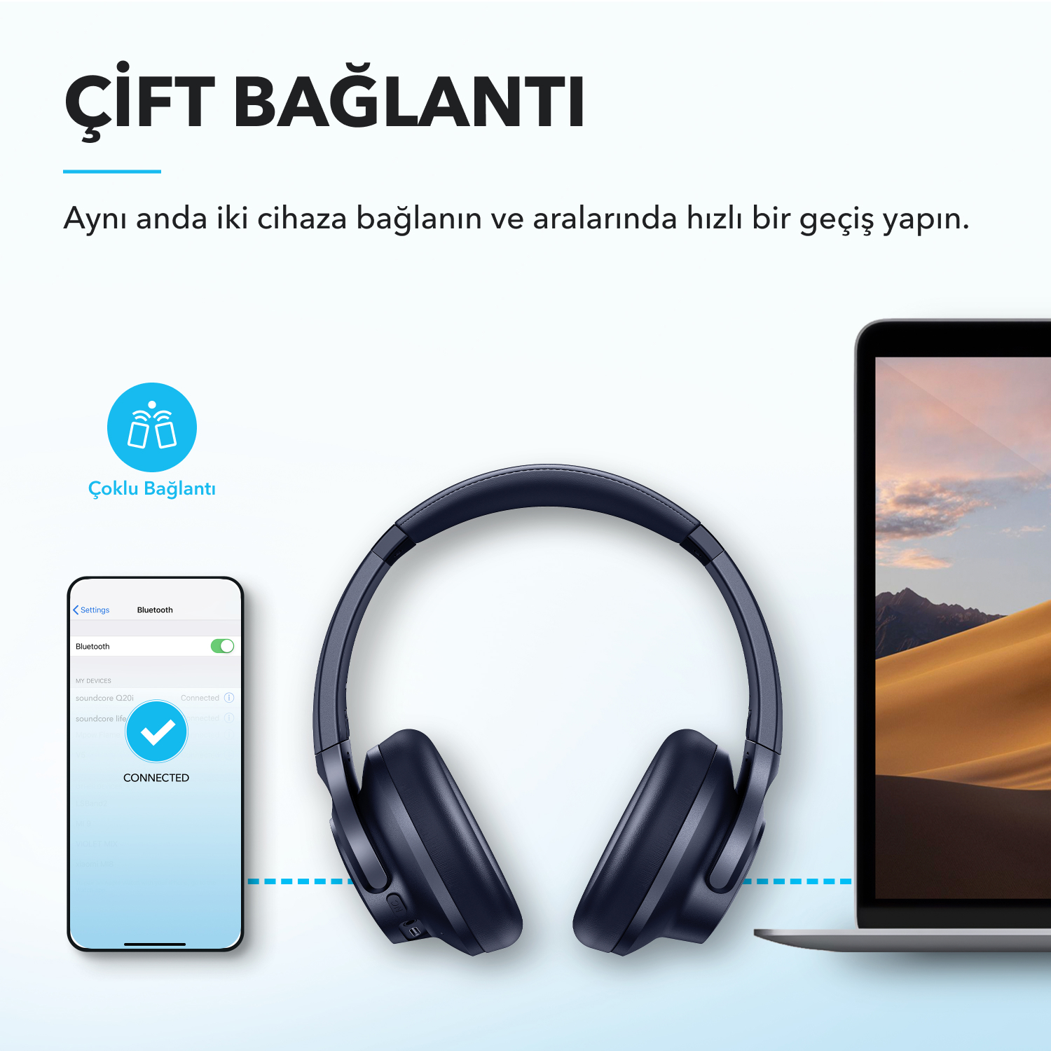 Bluetooth ile bağlı iki cihazı gösteren diyagram. Biri telefon, diğeri dizüstü bilgisayar.