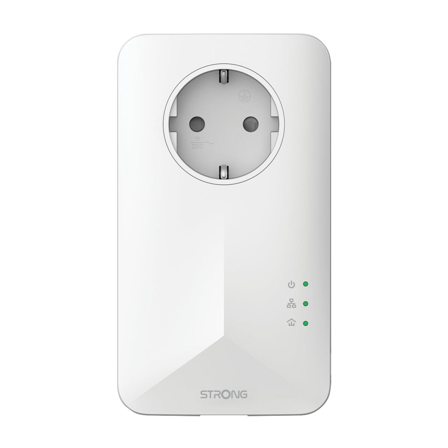 Un adattatore powerline bianco con una presa e tre spie luminose. È progettato per essere collegato.