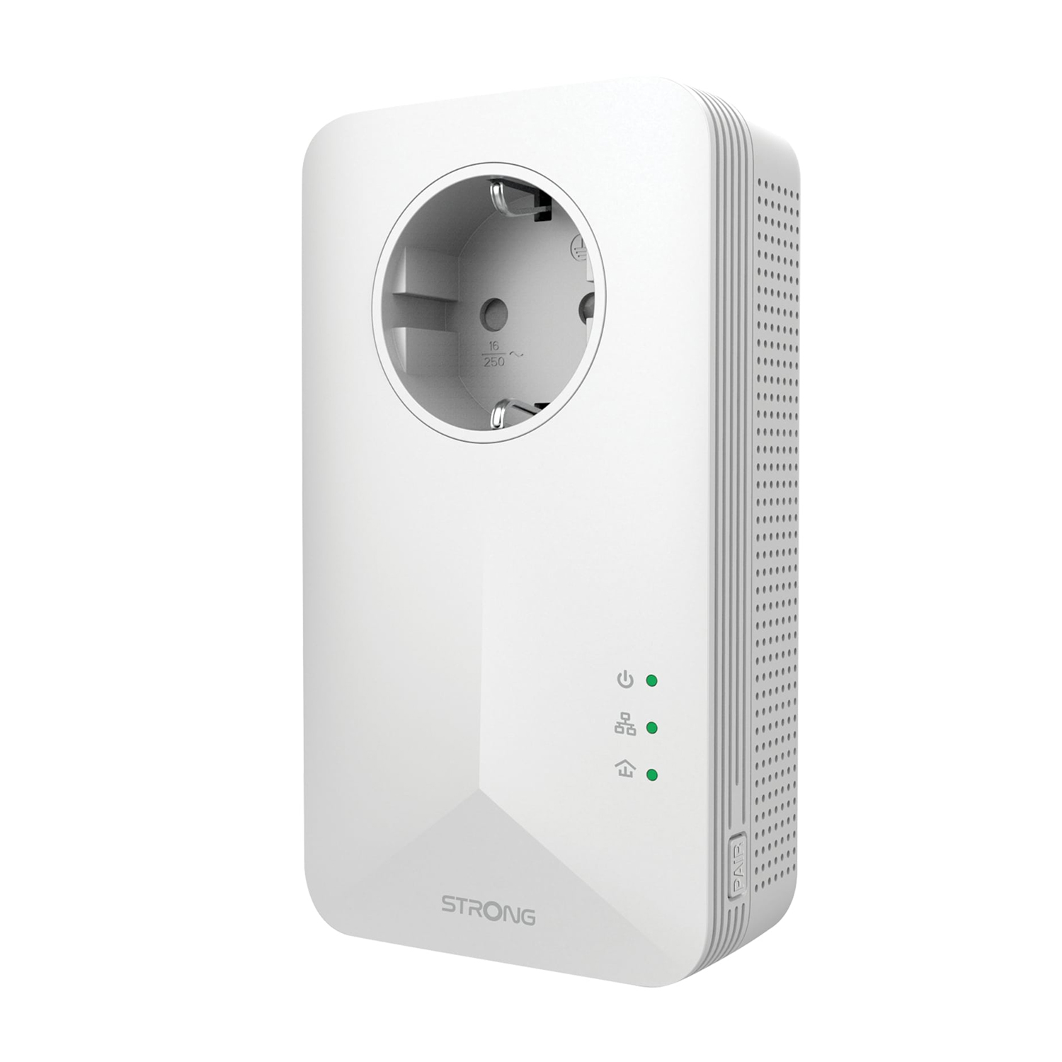 Adattatore powerline bianco con presa, luci e marchio STRONG.