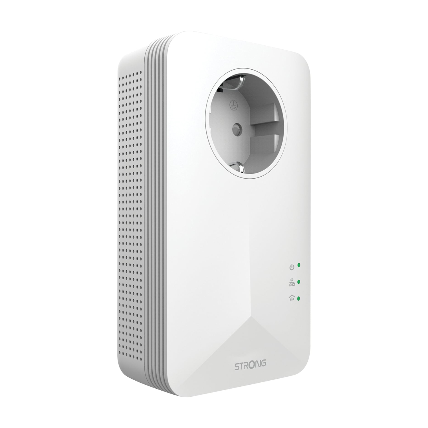 Adattatore powerline bianco con spina europea, tre spie verdi e logo STRONG.