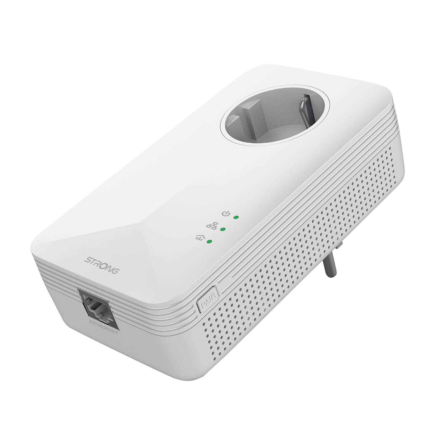 Adattatore powerline bianco con spina sopra e porta ethernet sotto.