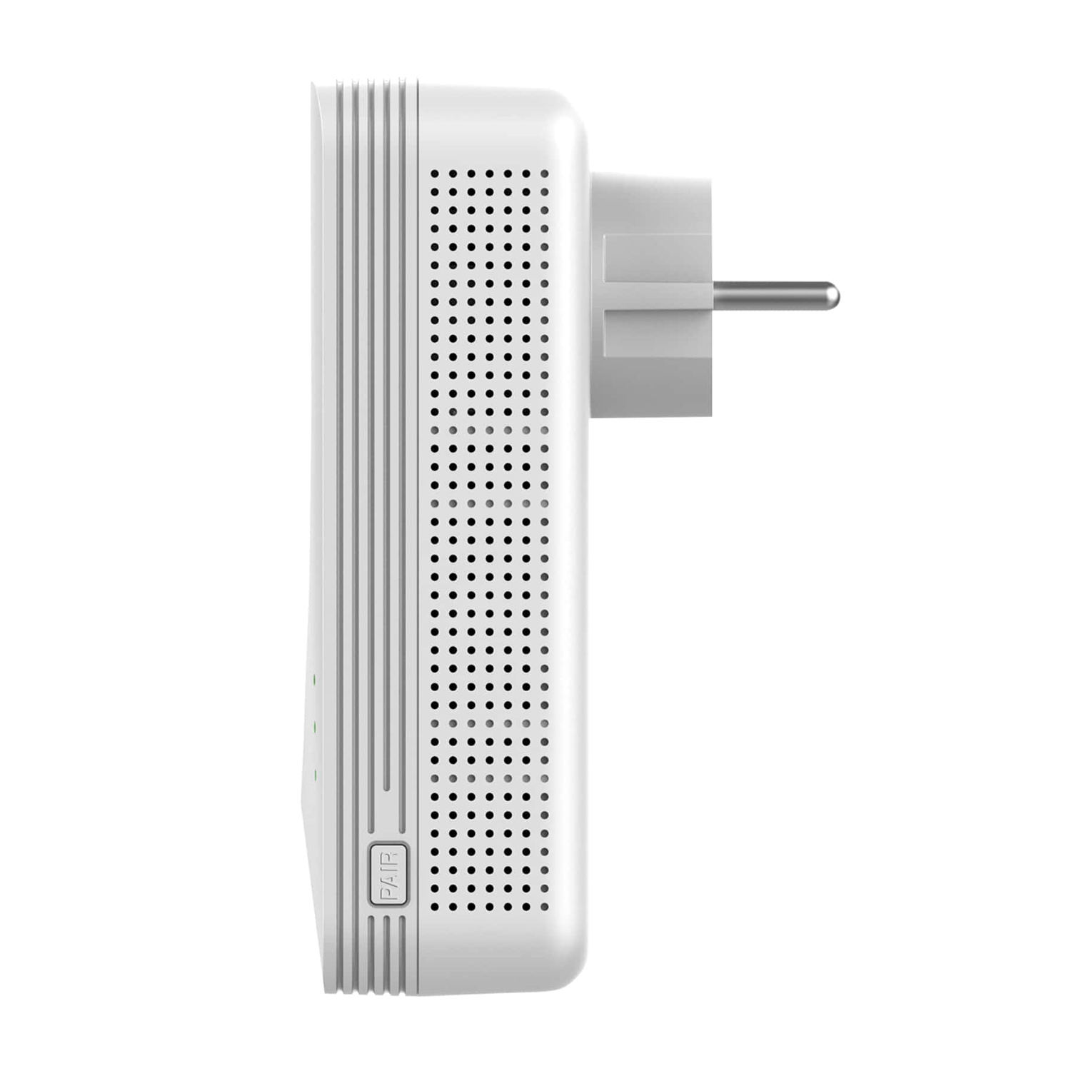 Adattatore powerline bianco con spina e spie.