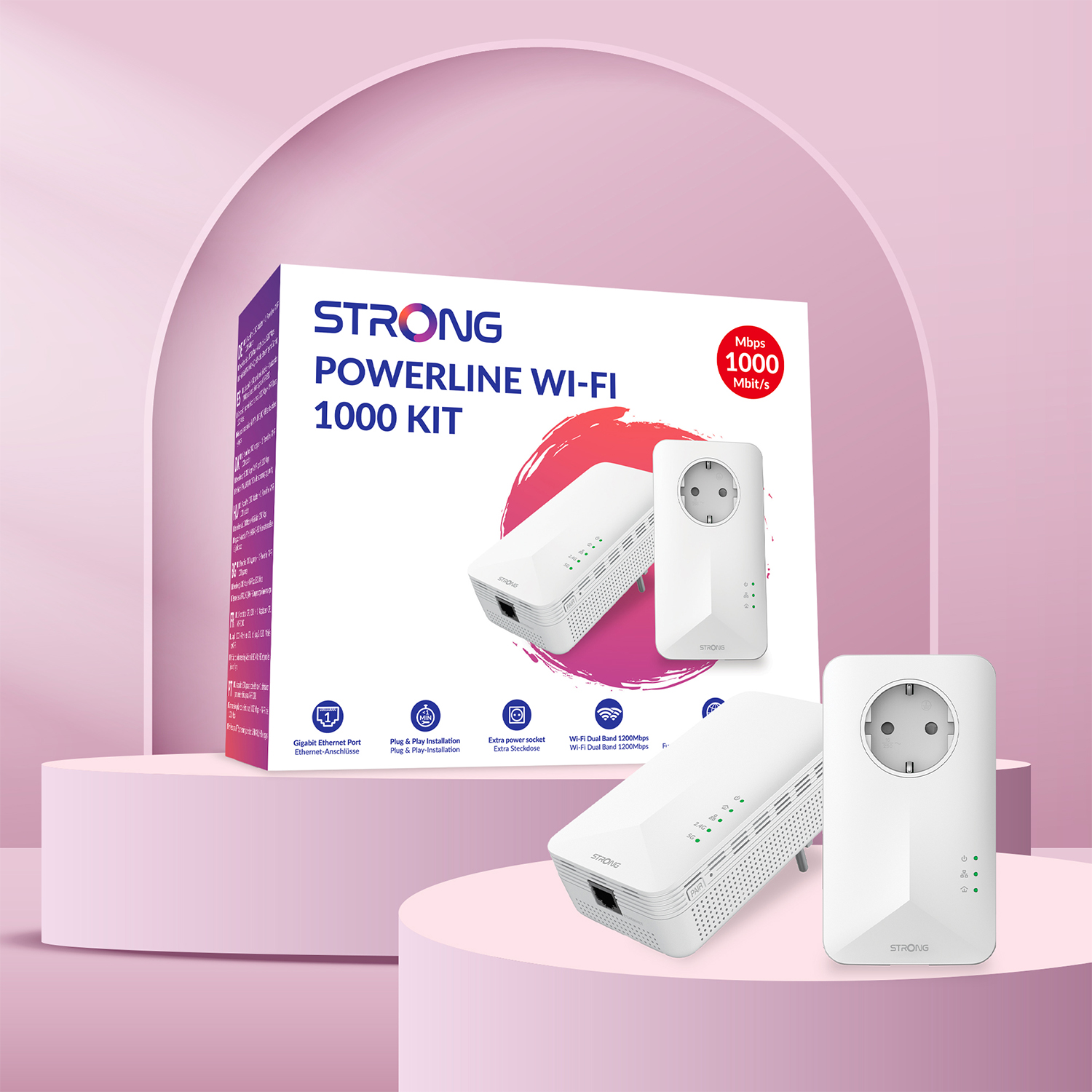 Kit Powerline Wi-Fi bianco in scatola con due adattatori bianchi esposti su una superficie rosa con testo.
