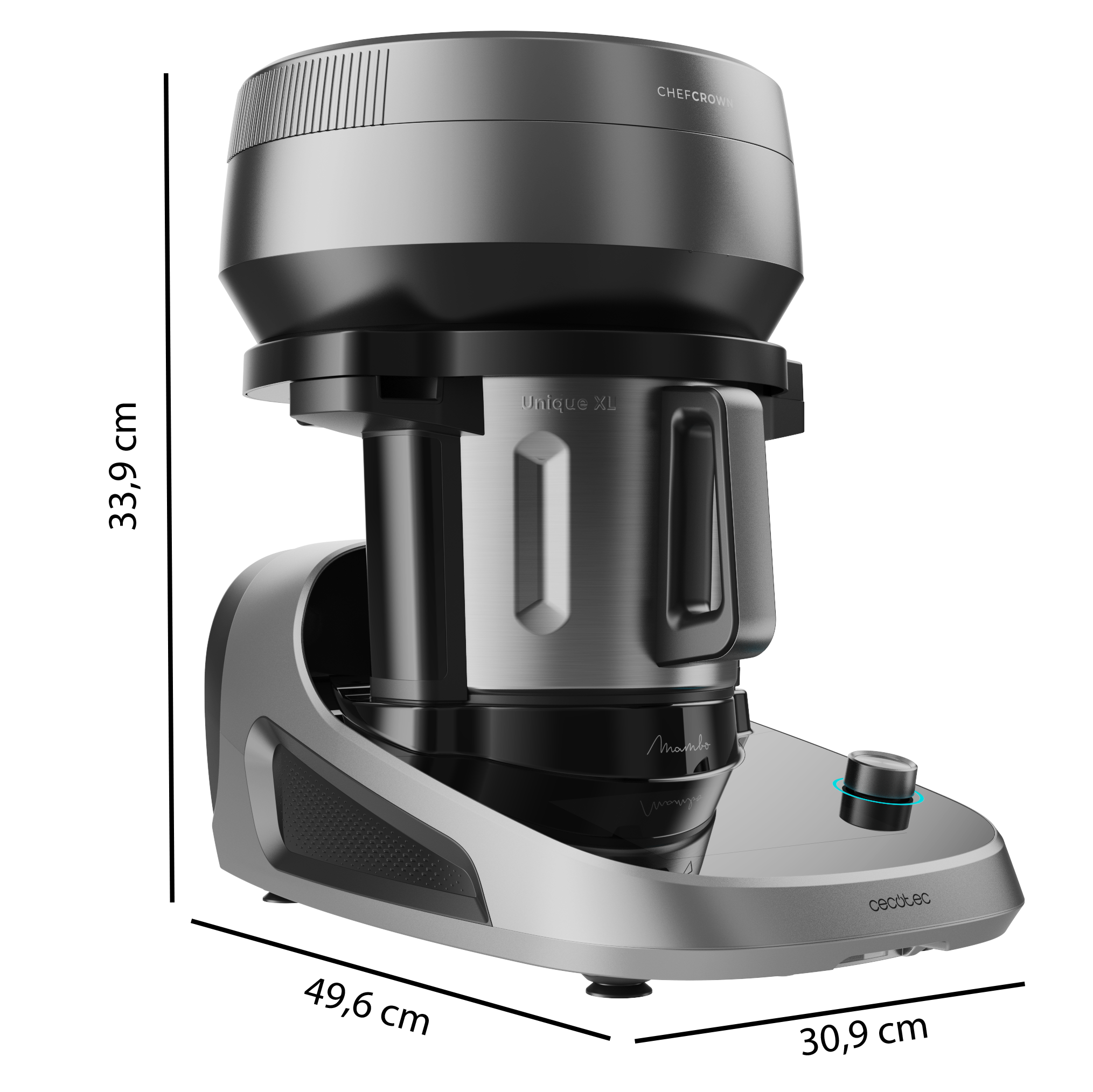 Procesador de alimentos plateado y negro con parte superior, recipiente acero inox.