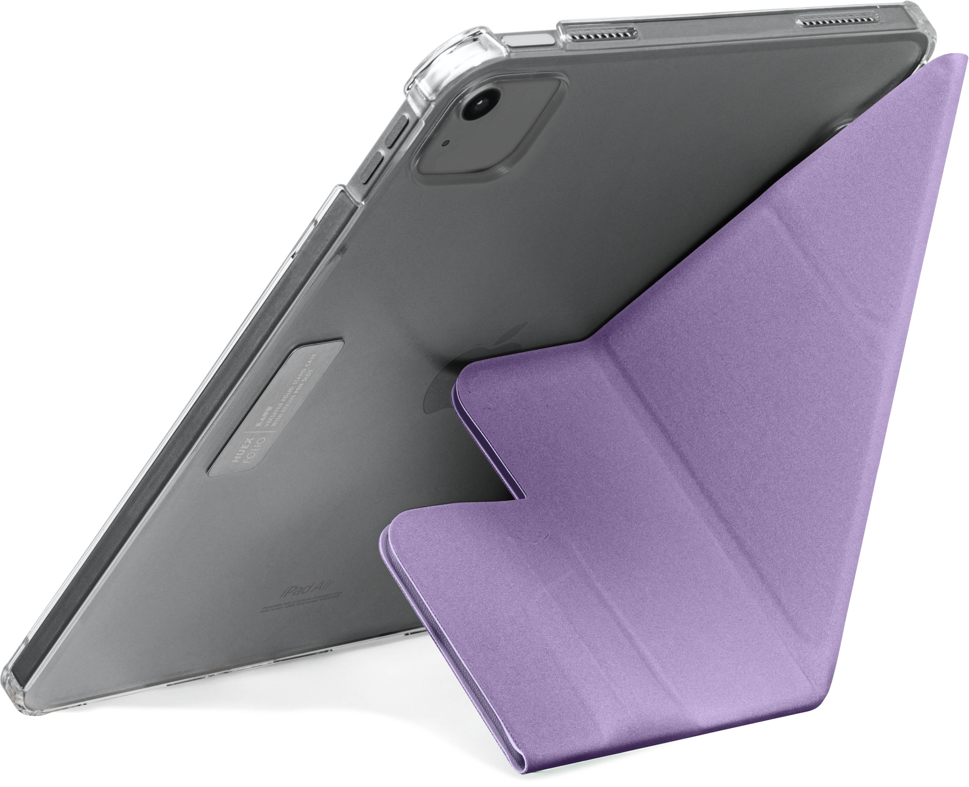 iPad in transparenter Hülle, lehnt an lila Ständer, vor weißem Hintergrund.