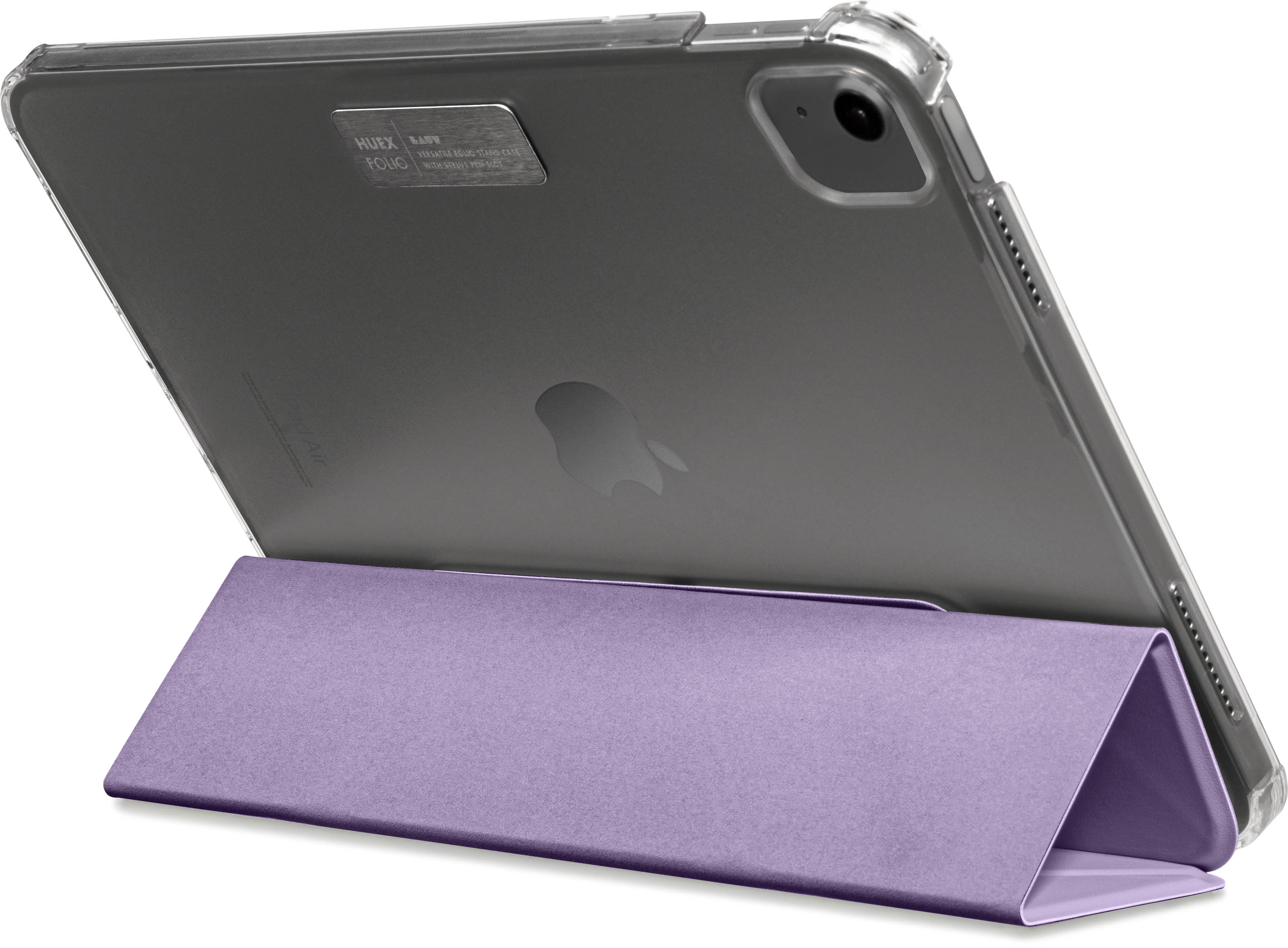 Eine lila Tablethülle mit einem Tablet darin.