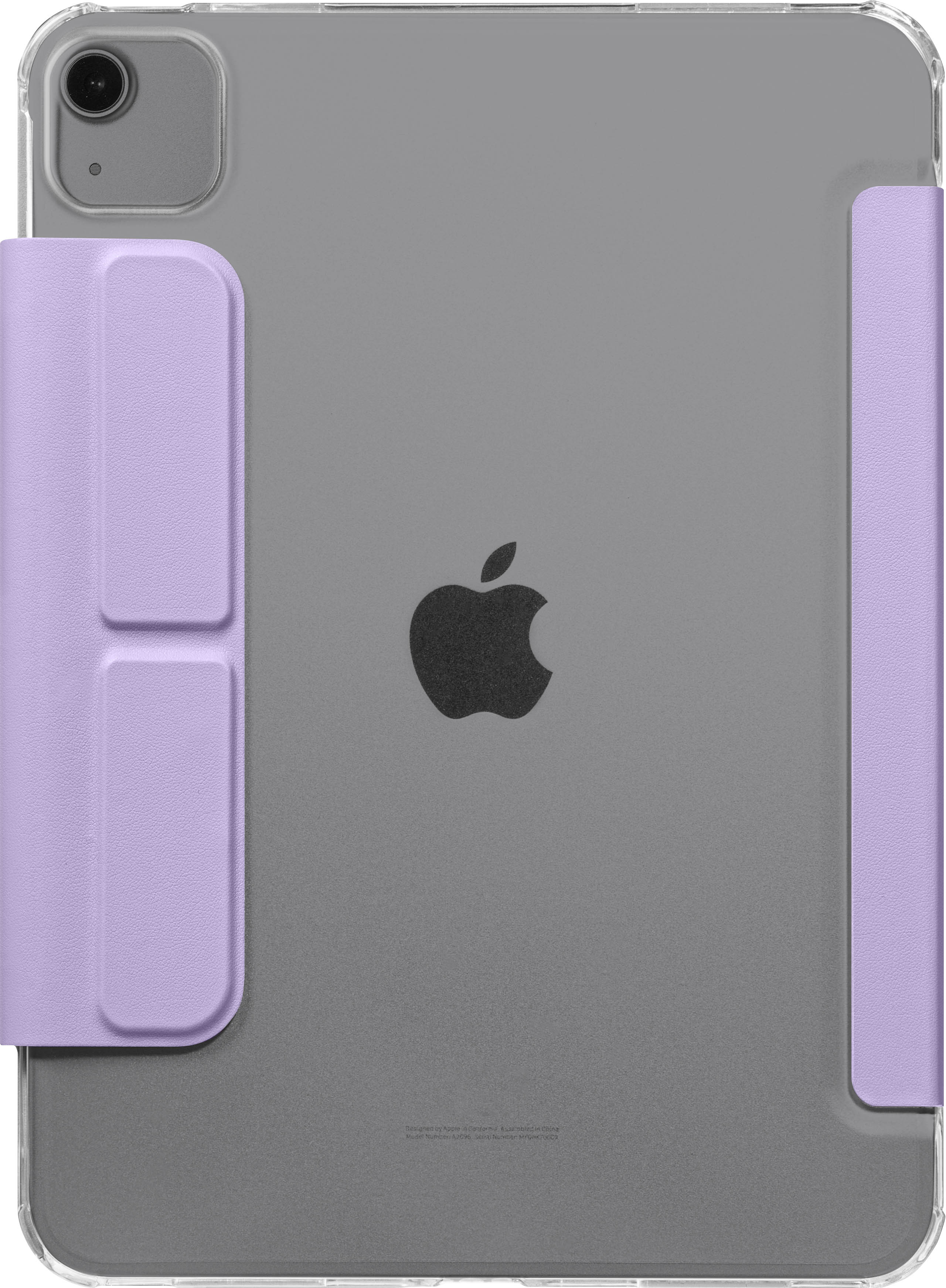iPad mit lila Hülle, Rückansicht mit Apple-Logo und Kamera.