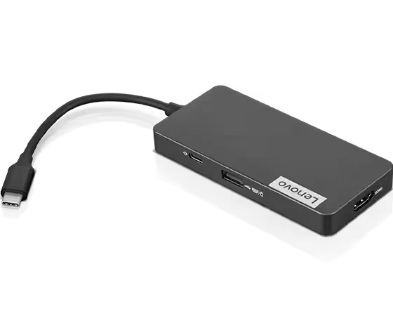 Siyah bir yüzeyde, çoklu bağlantı noktalarına sahip siyah bir Lenovo USB-C hub.