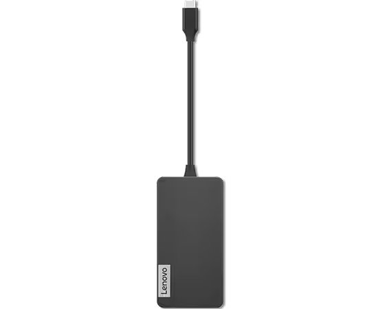 Siyah bir Lenovo markalı taşınabilir sabit disk, takılı bir USB-C kablosuyla.