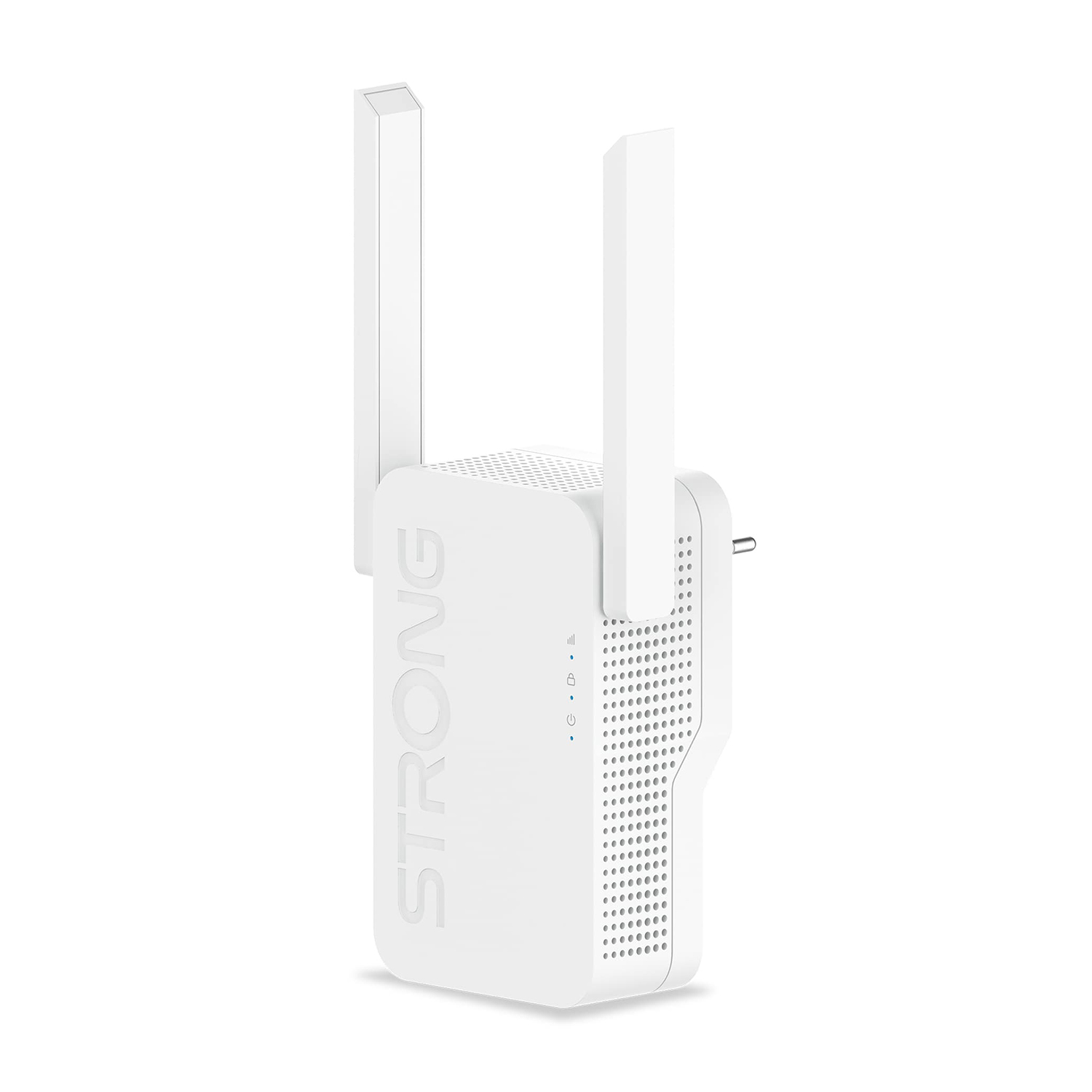 Ripetitore Wi-Fi bianco con due antenne, collegato a una parete. La parola 'STRONG' è stampata su di esso.