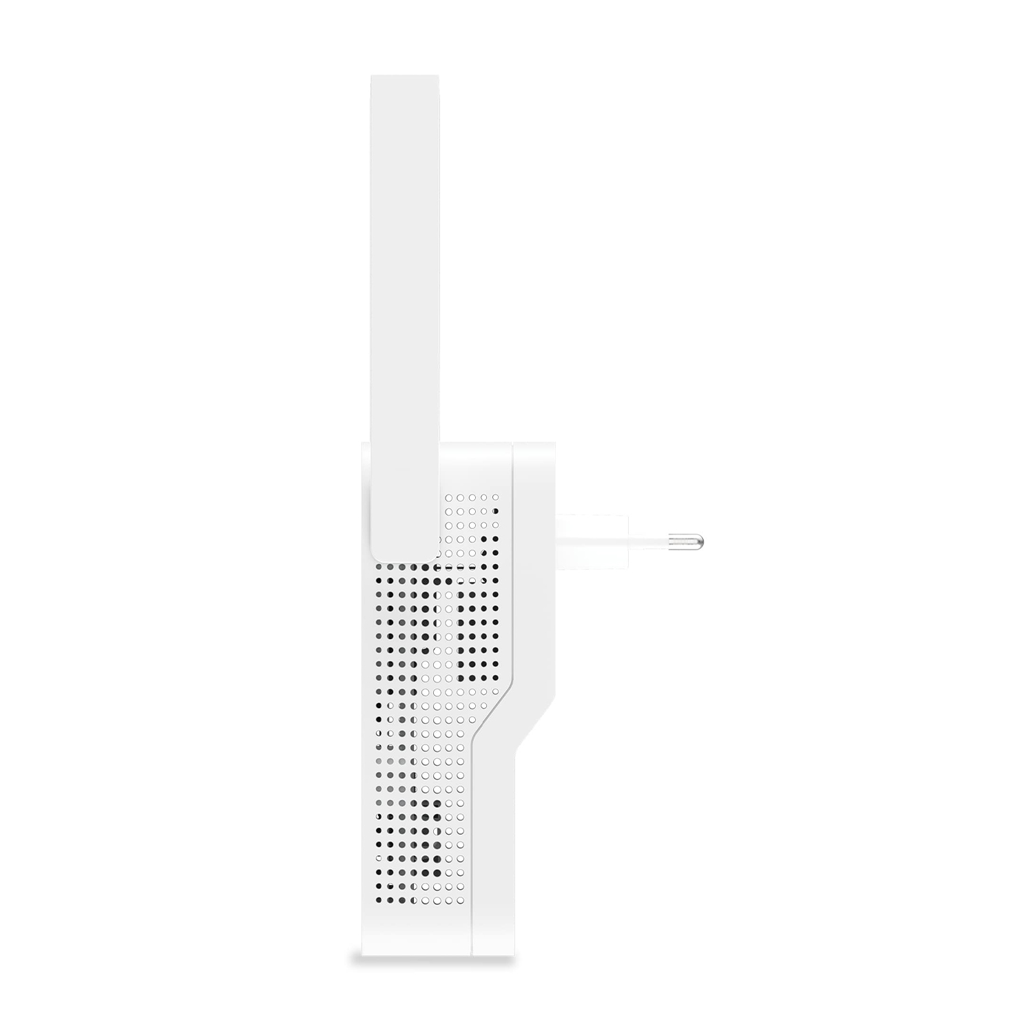 Ripetitore Wi-Fi bianco con spina, con una rete di fori su un lato.