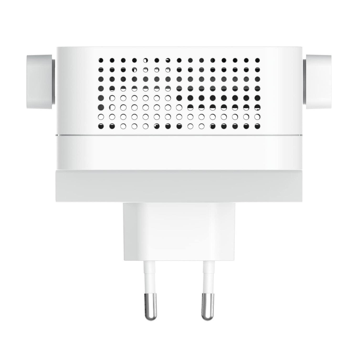 Adattatore per spina bianco a tre poli con fori di ventilazione e linguette laterali.