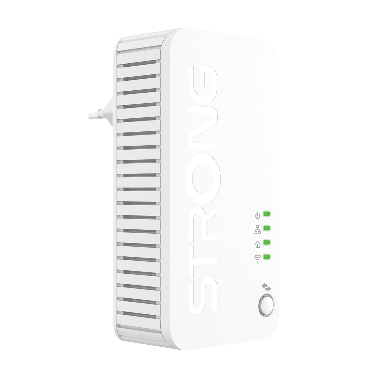 Adattatore powerline bianco con logo STRONG e spie.