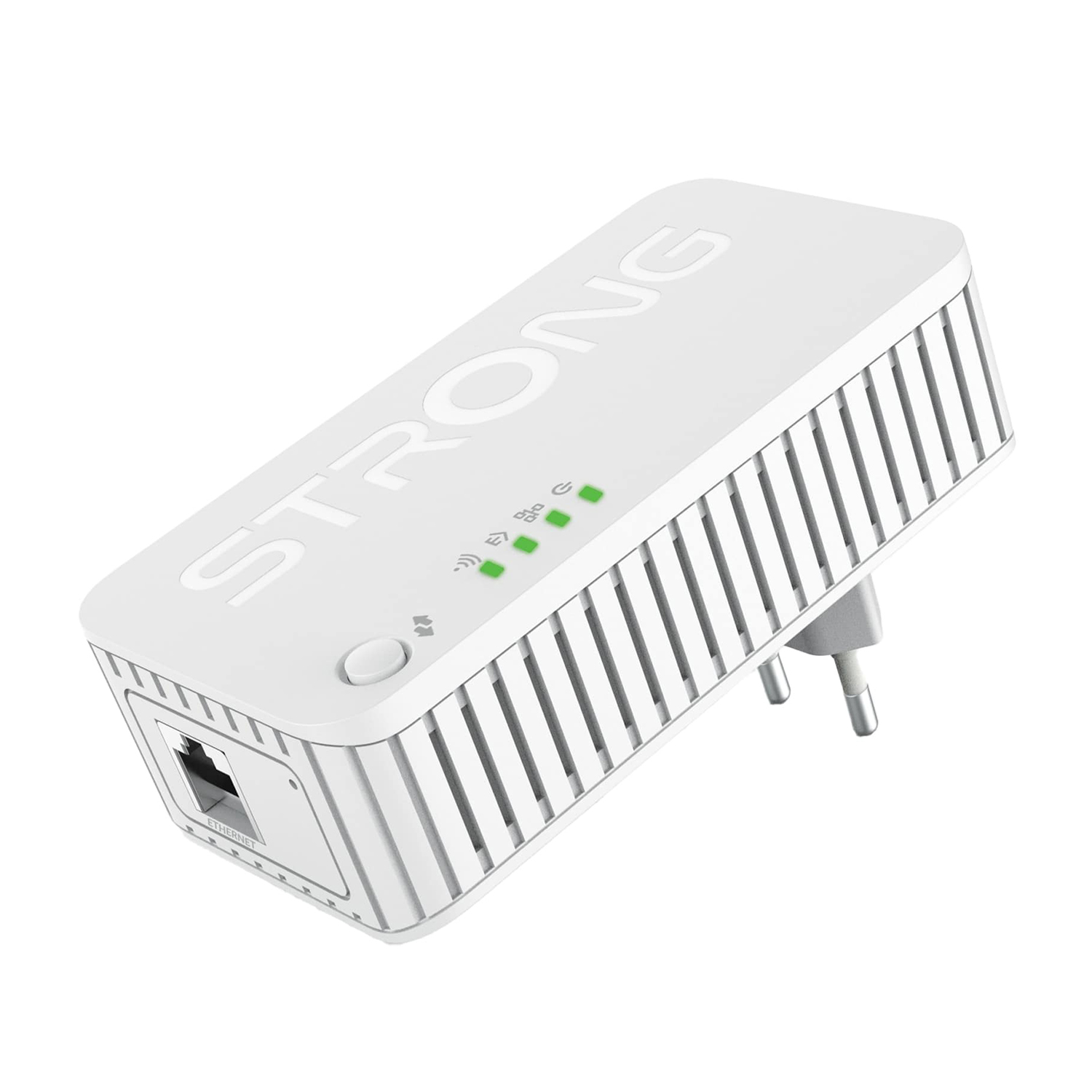 Ripetitore WiFi STRONG bianco con spina e porta Ethernet. Ha 3 spie verdi.