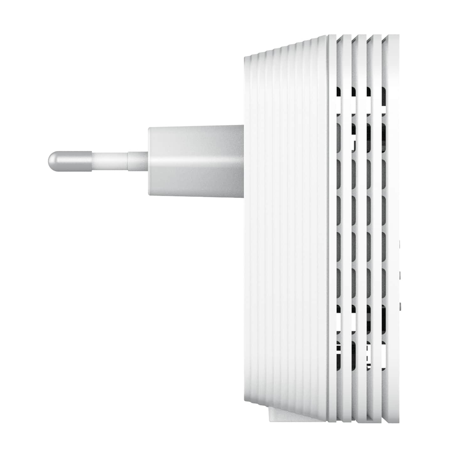 Extender WiFi bianco, vista laterale con spina. Ha linee verticali e una spina. Sfondo bianco.