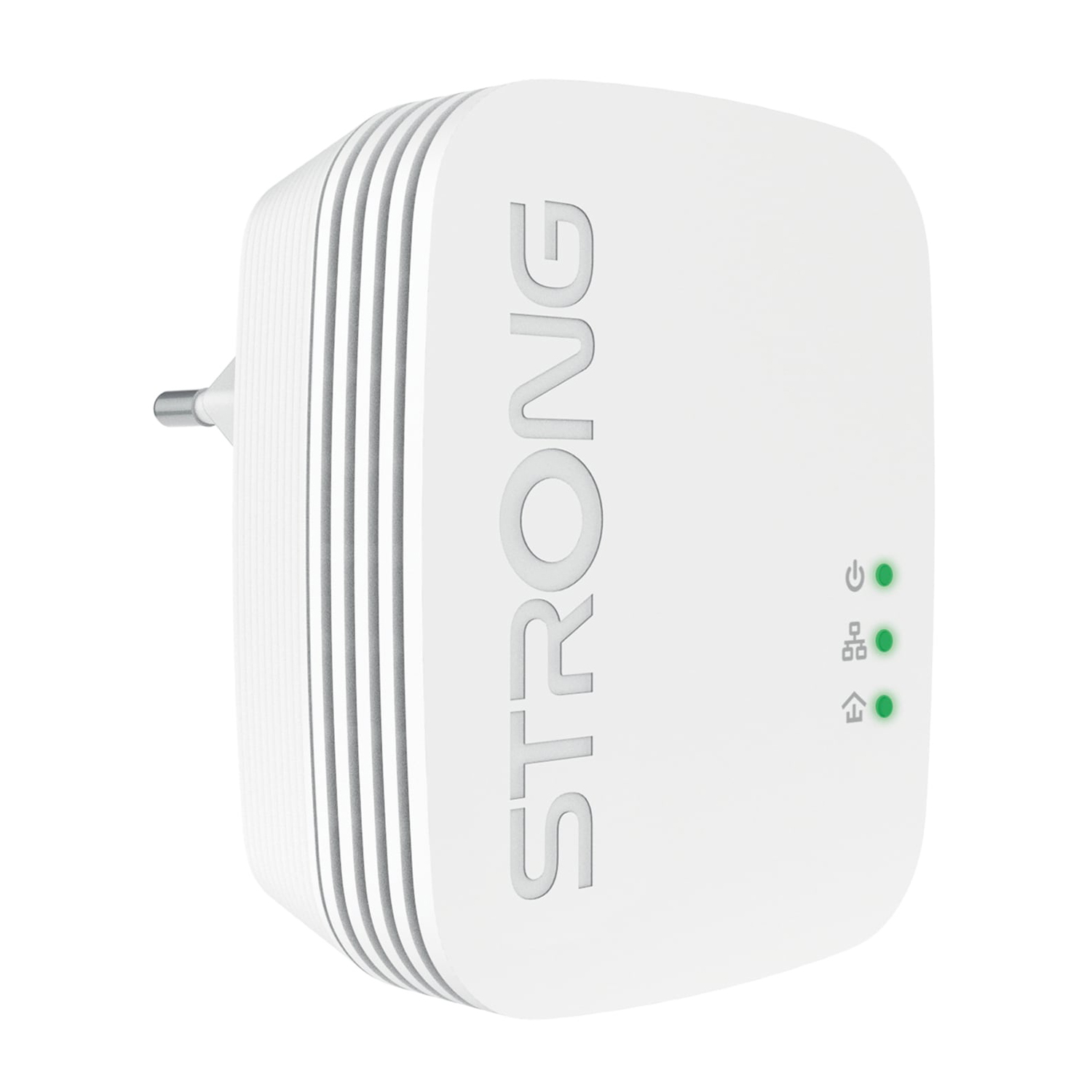 Adattatore powerline bianco con tre luci verdi e la parola 'STRONG'.