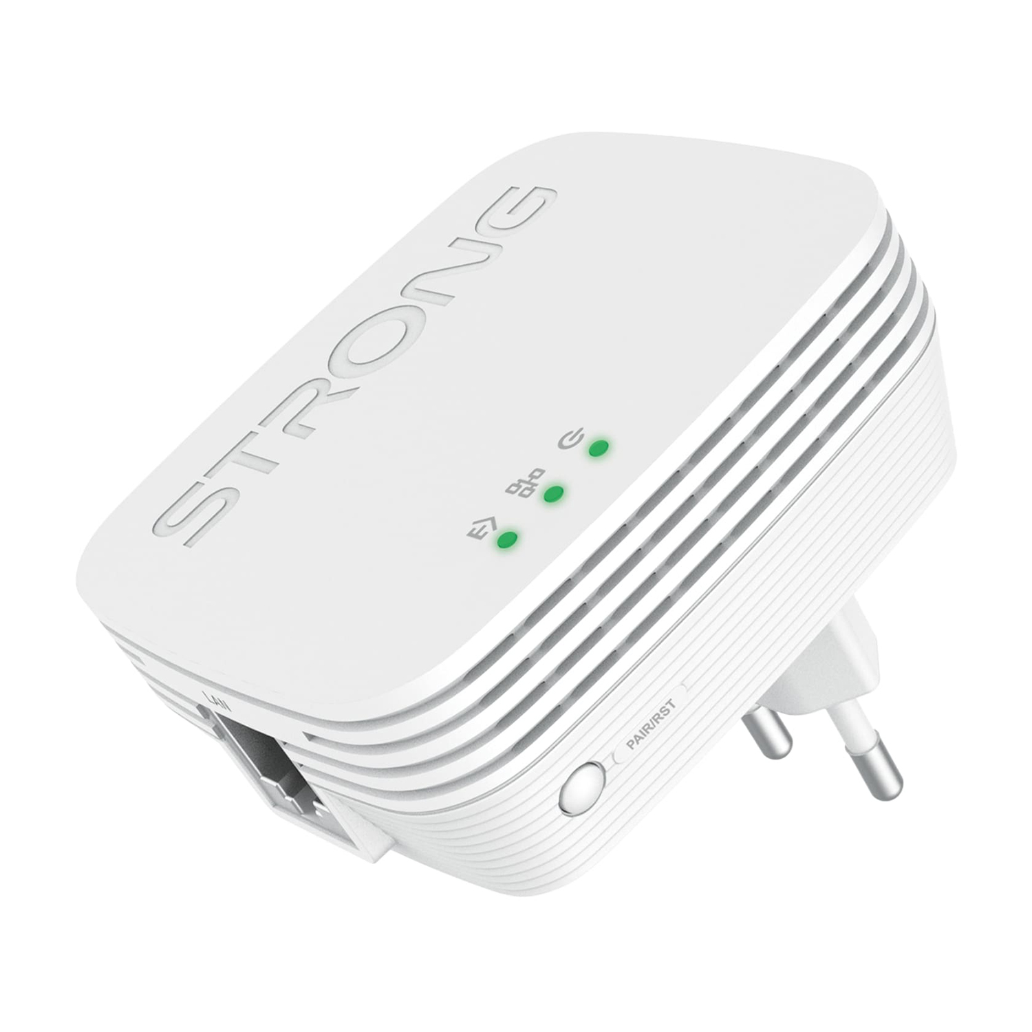Adattatore powerline Strong bianco con tre luci verdi e una spina.